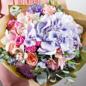 BQ002 Bouquet Rose Cymbidium Orchids Hydrangea Delphinium